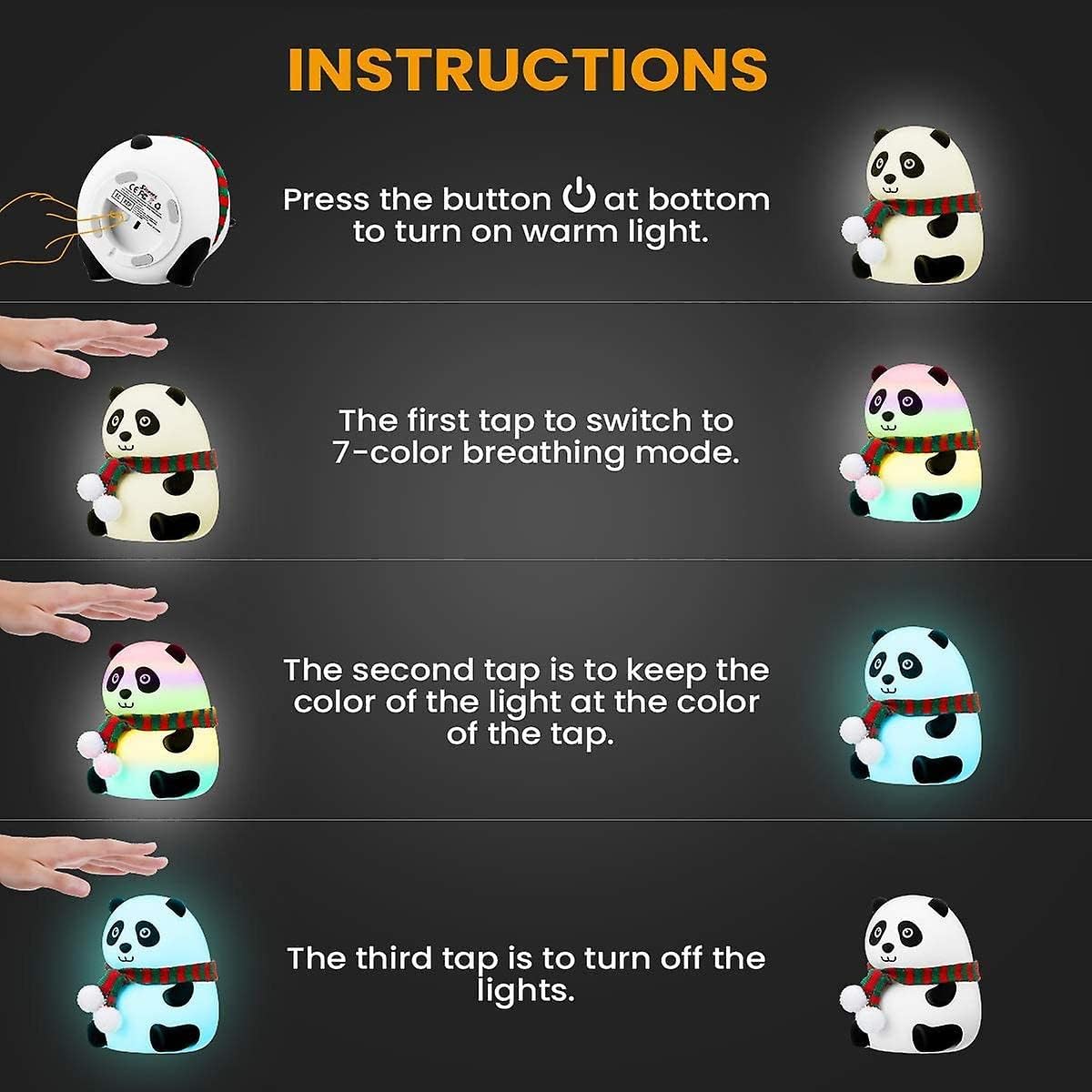 Panda Night Lamp, Panda Touch Silicone Lamp, 7 Colour Changing Light For Kids Bedroom, Usb Rechargeable, Birthday Gift For Girls And Boys (Close Eye), Multicolor, led